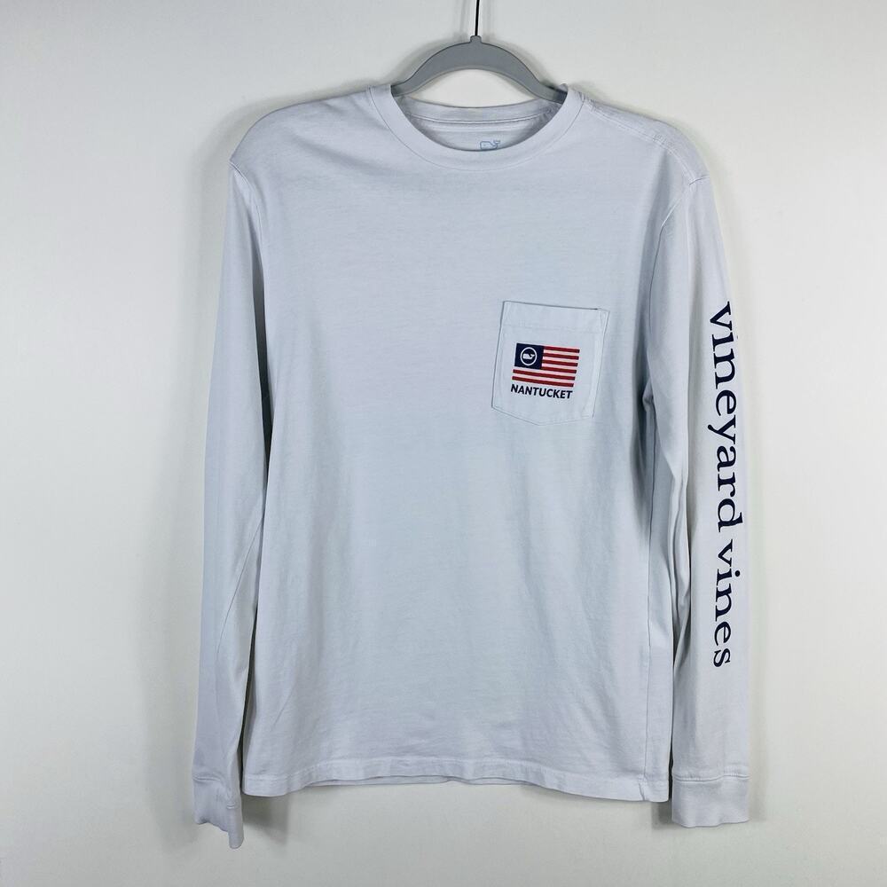Vineyard Vines T-Shirt Men's XS White Nantucket American Flag Whale Long Sleeve